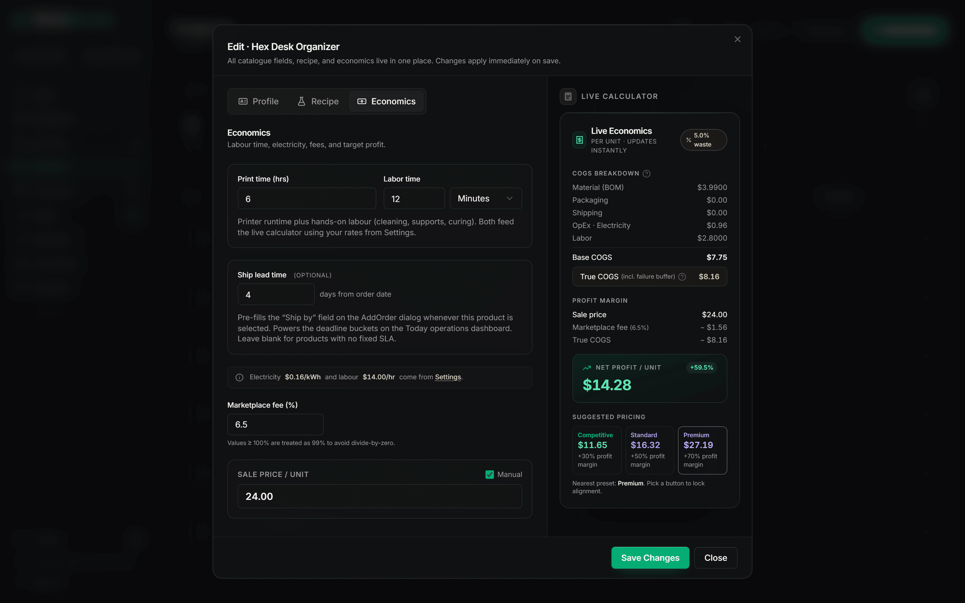 WorkBenchy product economics with true COGS breakdown and suggested pricing